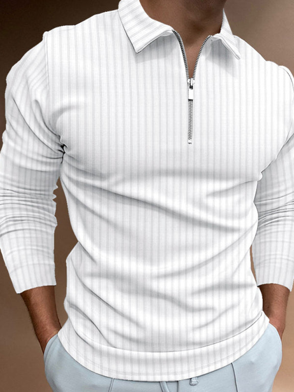 Men's solid color zipper striped long-sleeved POLO shirt