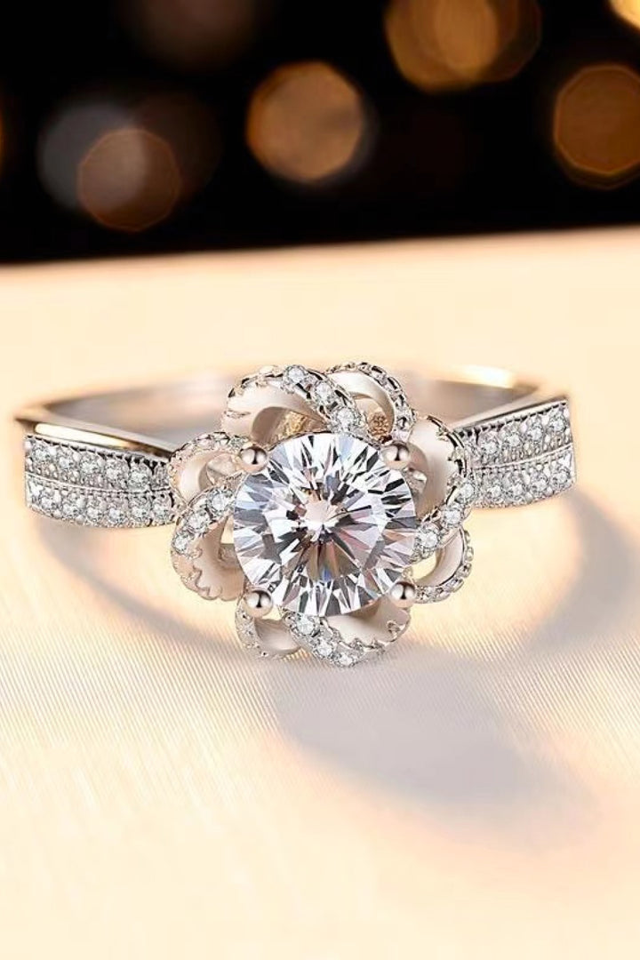 MoissaniteRing, FloralDesign, PlatinumPlated, FineJewelry, FashionAccessory, LuxuryRing, GemstoneRing, ElegantStyle, TrendyJewelry, SpecialOccasionJewelry, StatementRing, PreciousGemstones, UniqueDesign, GlamorousAccessories, SparklingRing, ClassicElegance